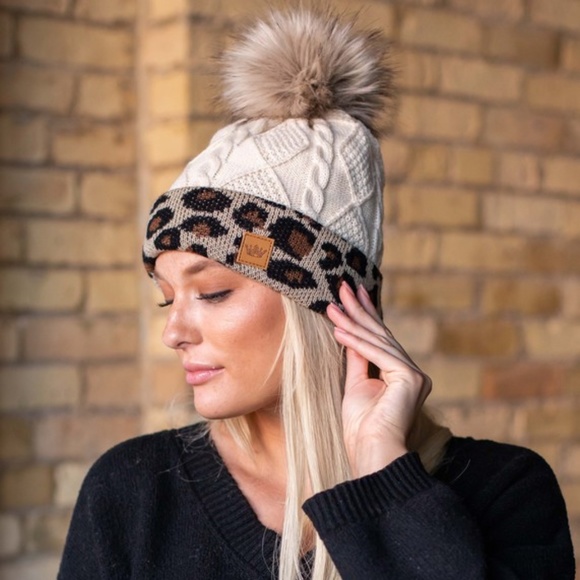 SOLD OUT Ivory Leopard Cuff Cable Knit Fleece Lined Beanie - Picture 2 of 2